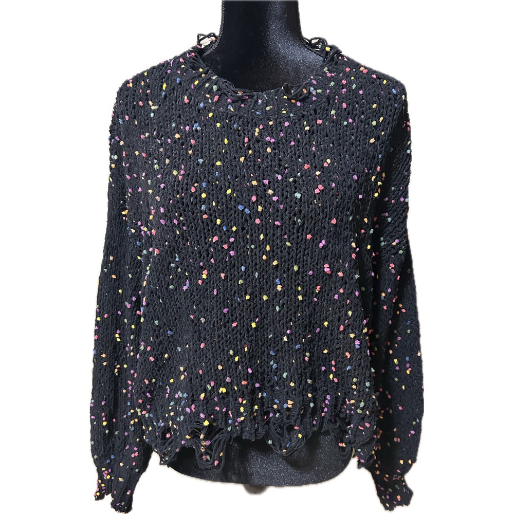 She + Sky Sweater S/M Black Rainbow Confetti Distressed Open Knit Y2K Grunge